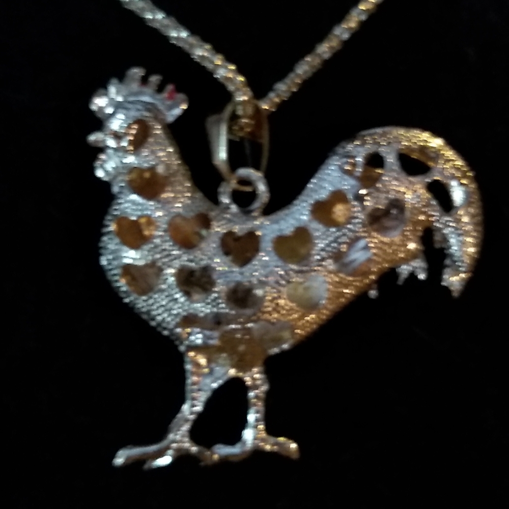White Crystal and Red Enamel Rooster Pendant Necklace - Picture 3 of 7
